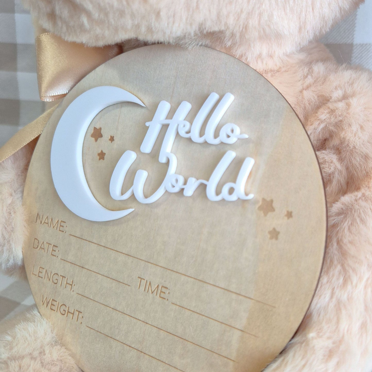 Birth announcement plaque hello world circle