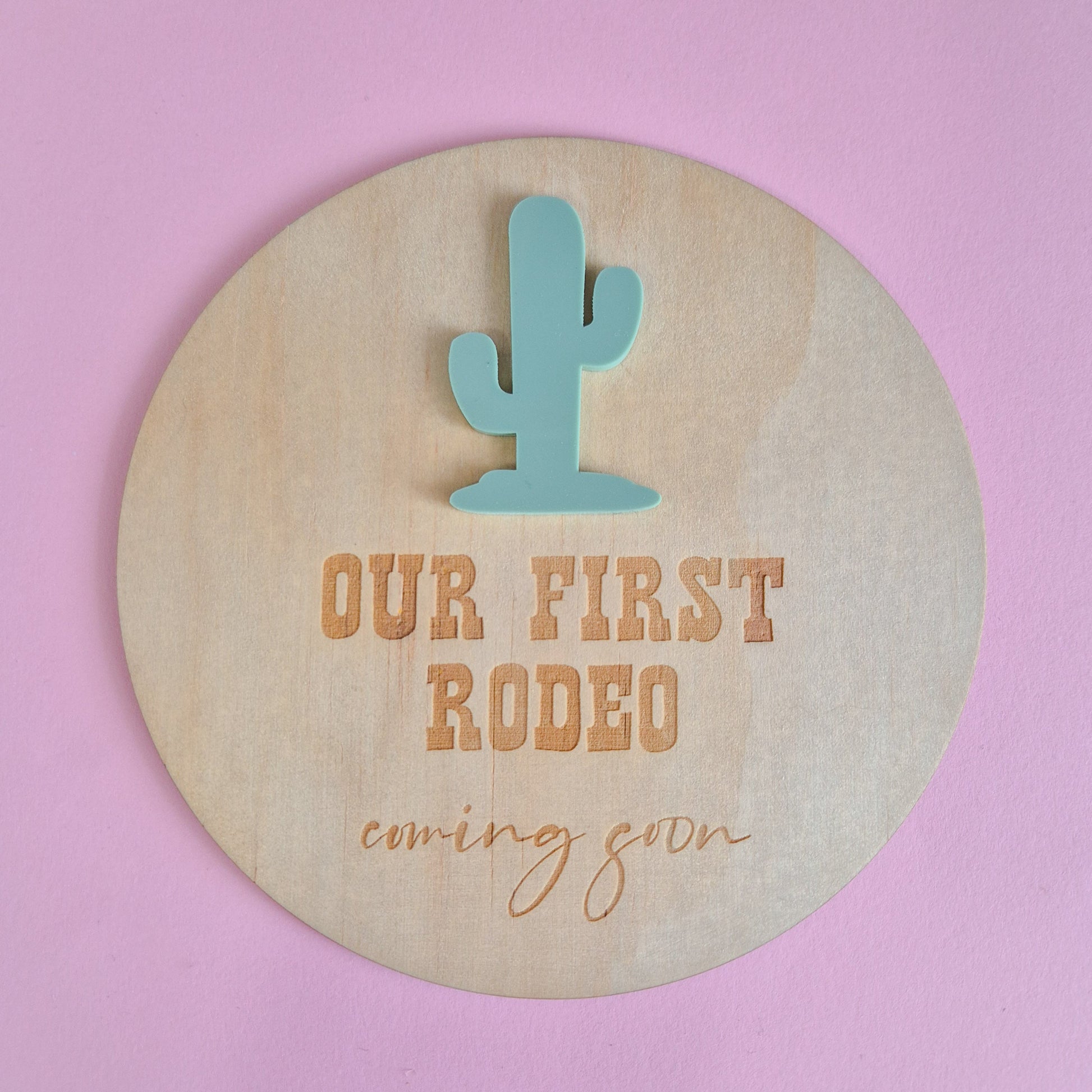 Pregnancy Reveal and Announcement Plaque Our First Rodeo 01
