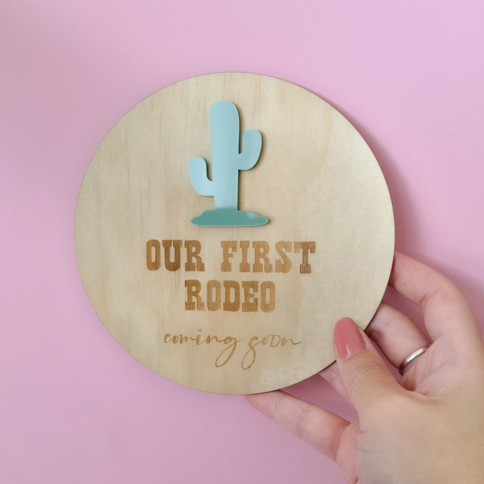Pregnancy Reveal and Announcement Plaque Our First Rodeo 03