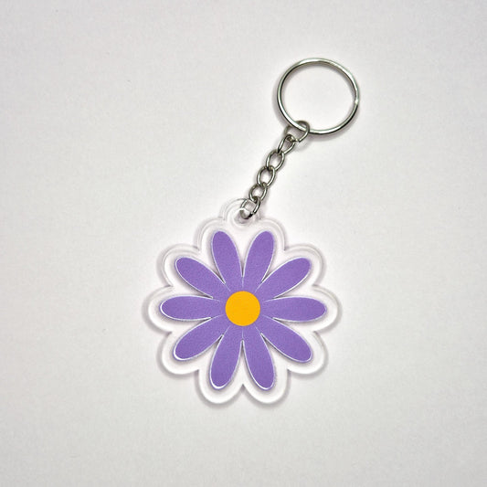 Keychain with a purple flower design on a white background