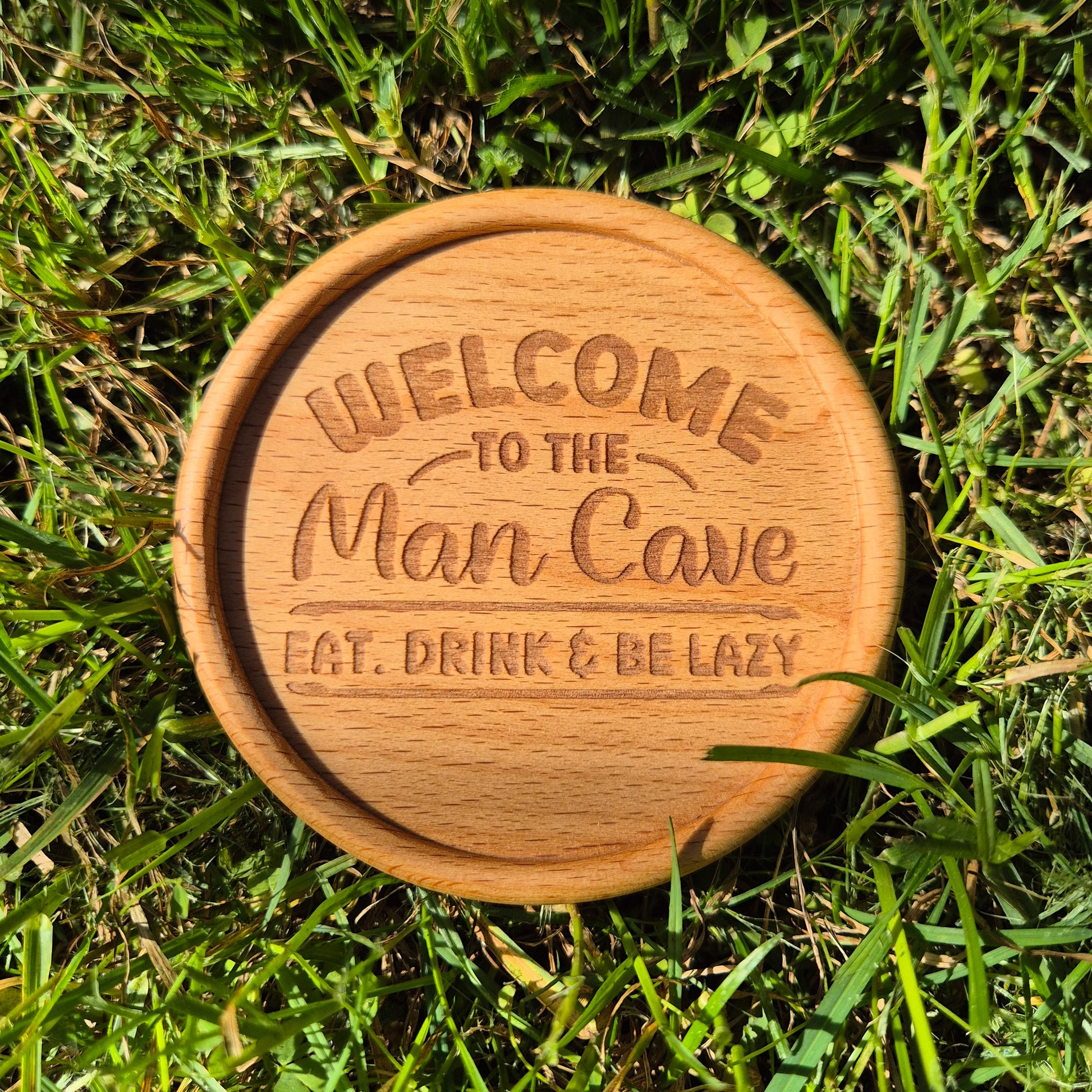 engraved round wooden coaster welcome to the man cave 01