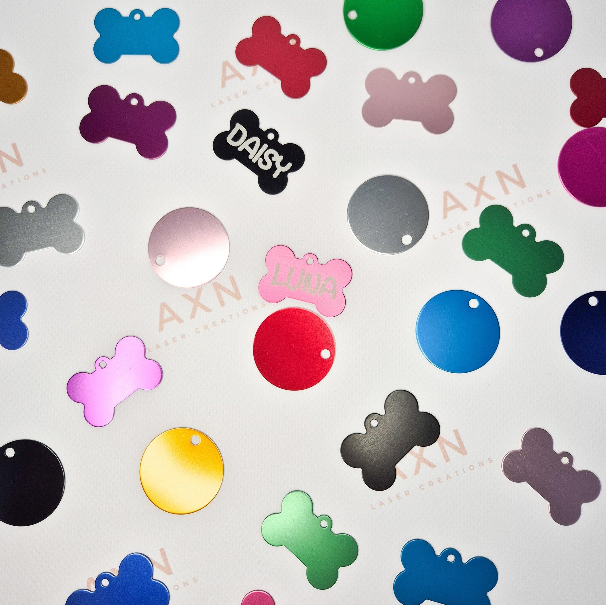 round and bone shaped aluminium pet tags