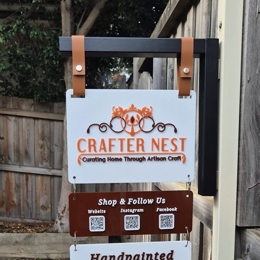 Acrylic Hanging Sign with Connectable Panels and Magnetic Timber Bracket with Faux Leather Straps