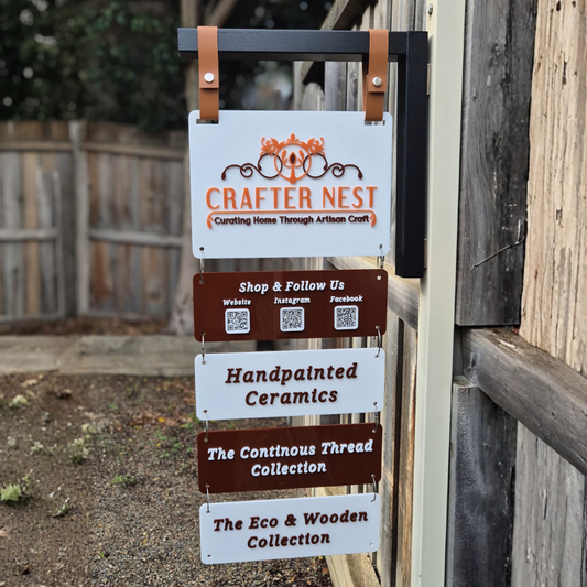 Acrylic Hanging Sign with Connectable Panels and Magnetic Timber Bracket with Faux Leather Straps
