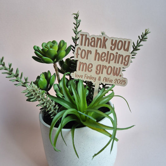 Potted plant with a wooden sign reading 'Thank you for helping me grow' on a white background