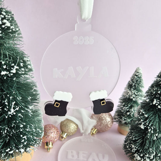 Frosted Acrylic Ornament with Santa Boots and Personalised Name