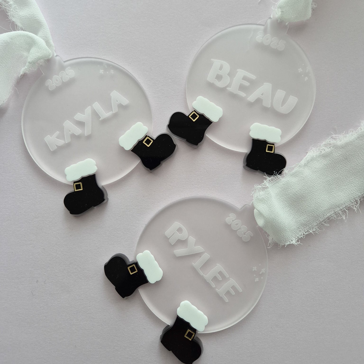 Frosted Acrylic Ornament with Santa Boots and Personalised Name 