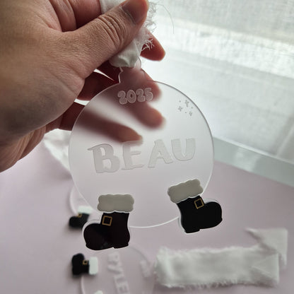 Frosted Acrylic Ornament with Santa Boots and Personalised Name 