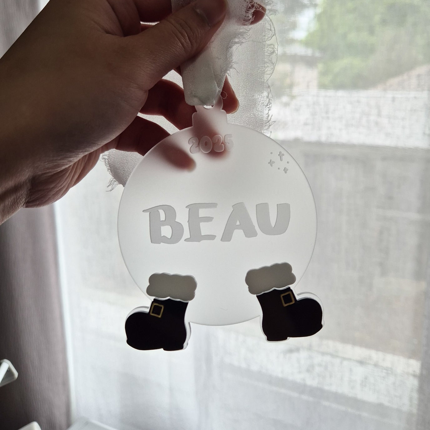 Frosted Acrylic Ornament with Santa Boots and Personalised Name 