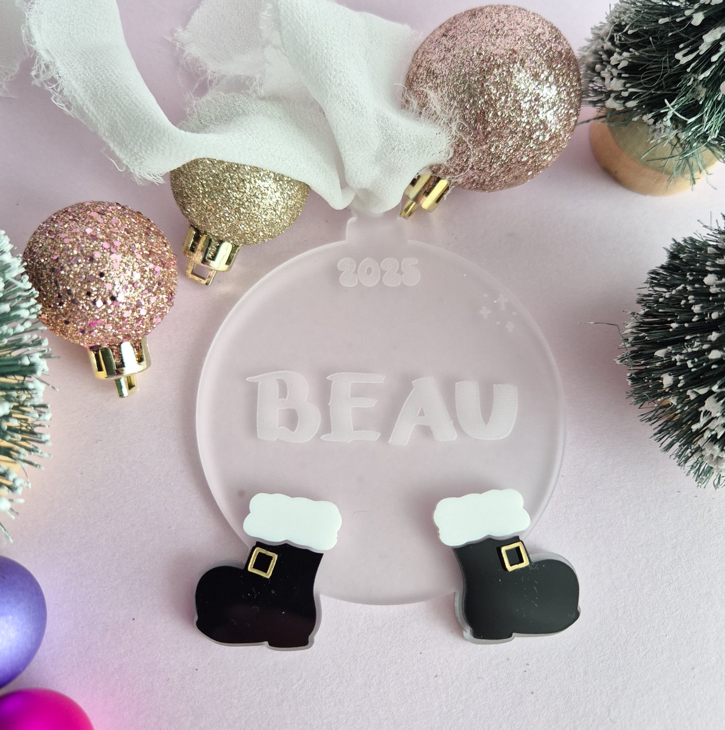 Frosted Acrylic Ornament with Santa Boots and Personalised Name 