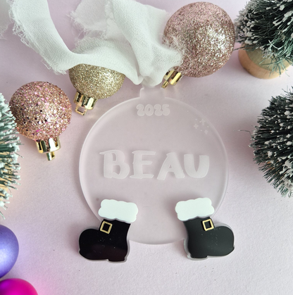 Frosted Acrylic Ornament with Santa Boots and Personalised Name 