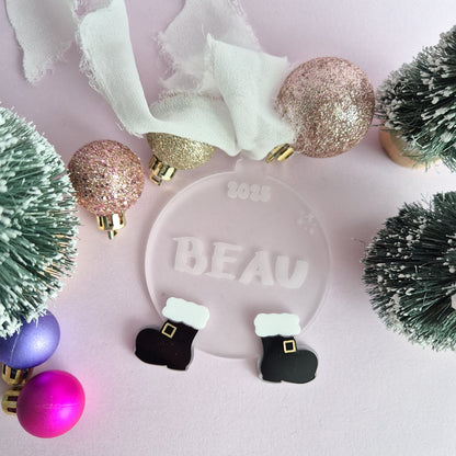 Frosted Acrylic Ornament with Santa Boots and Personalised Name 