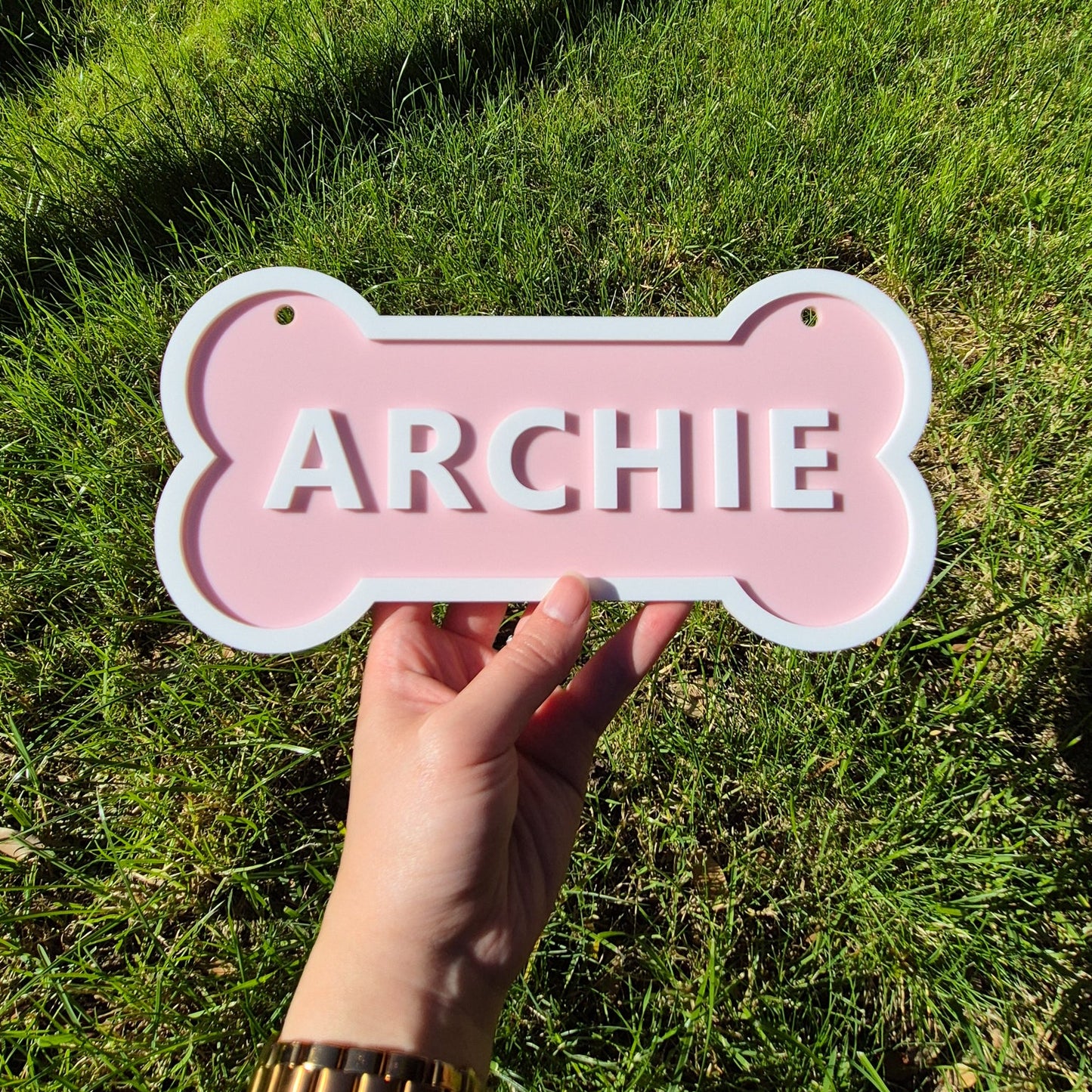 Pink bone-shaped sign with 'ARCHIE' on it held by a hand against a grassy background