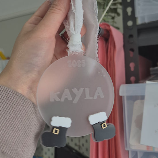 Frosted Acrylic Ornament with Santa Boots and Personalised Name 
