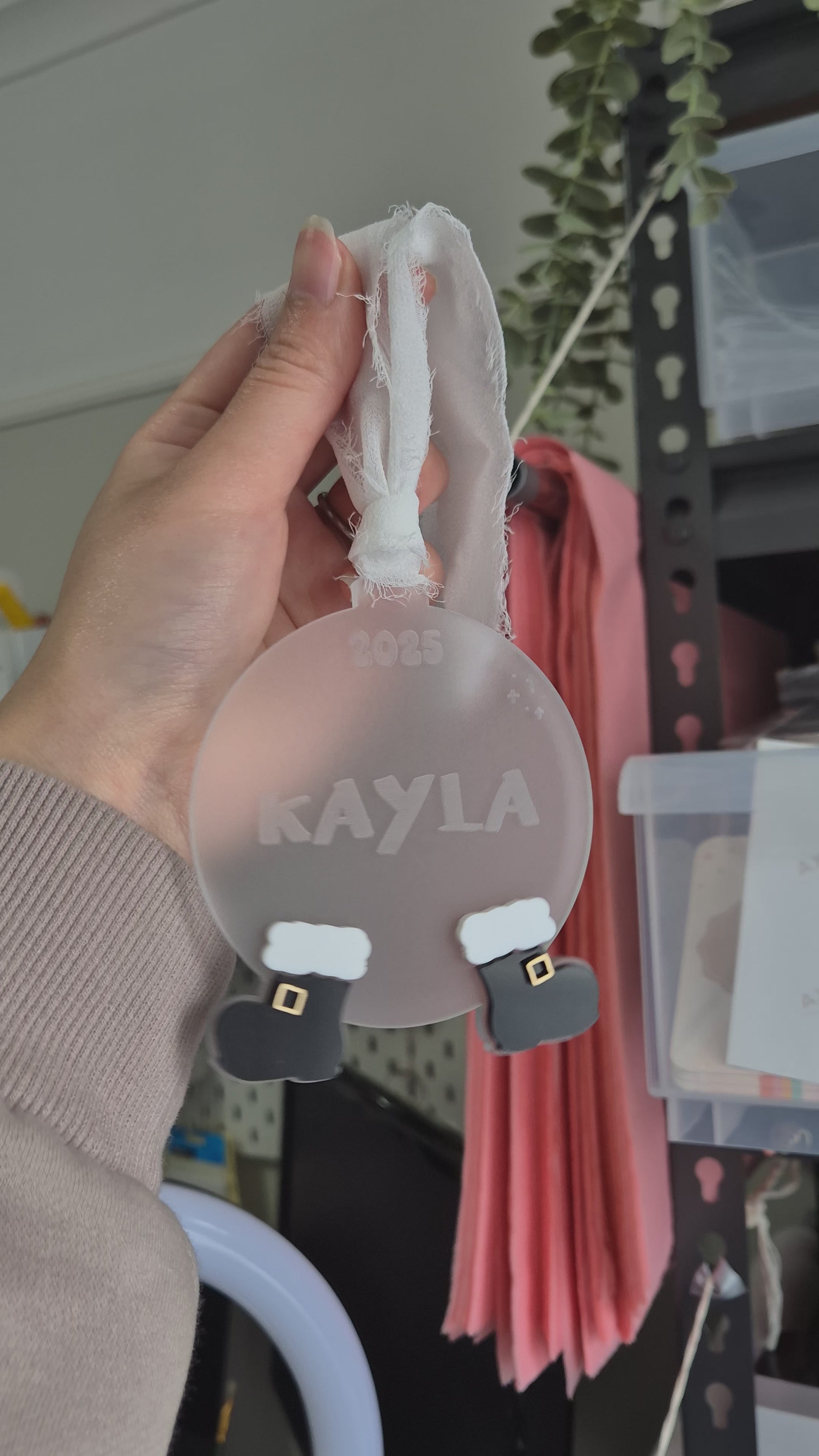 Frosted Acrylic Ornament with Santa Boots and Personalised Name 