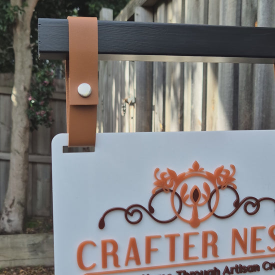 Acrylic Hanging Sign with Connectable Panels and Magnetic Timber Bracket with Faux Leather Straps