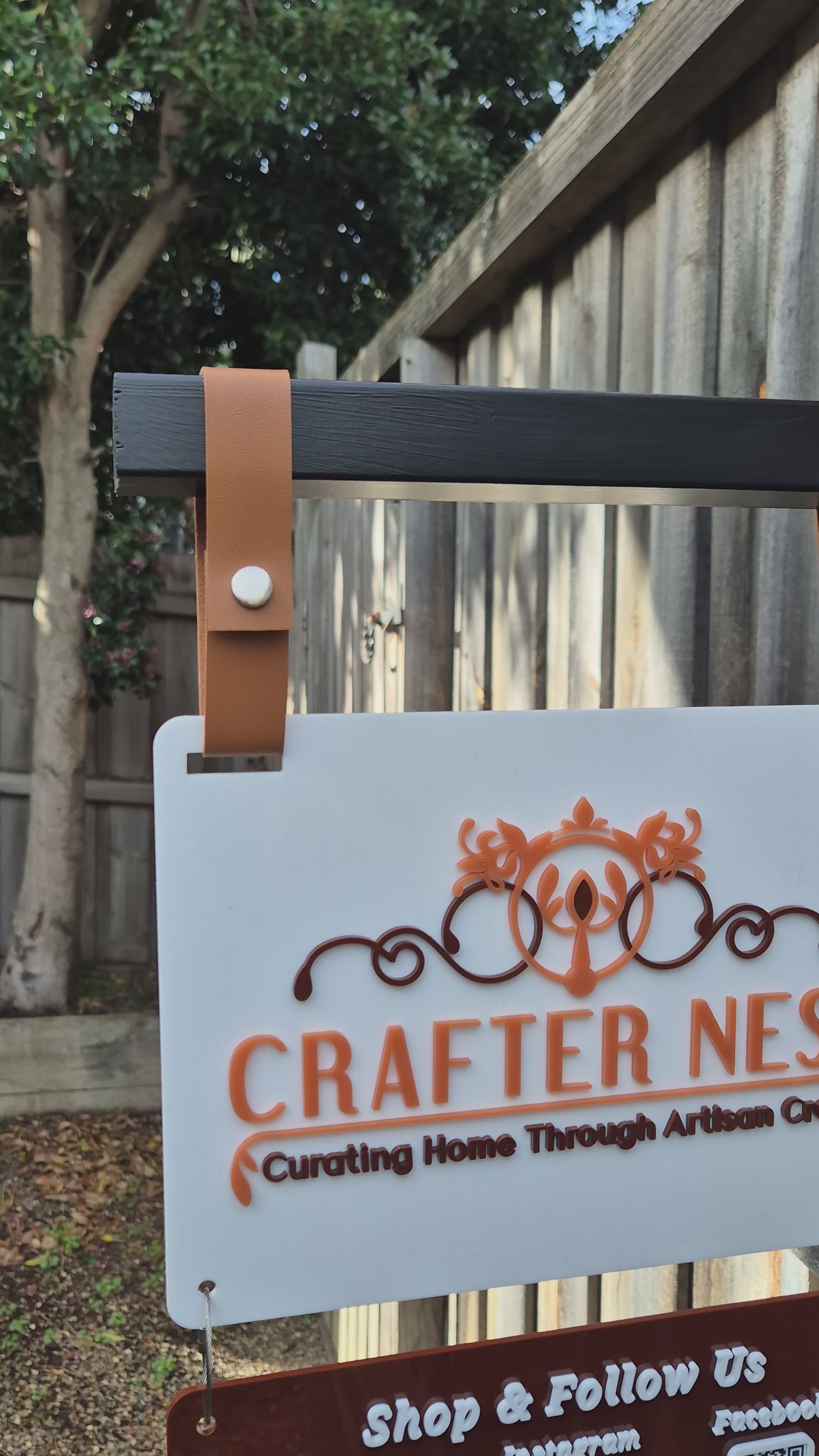 Acrylic Hanging Sign with Connectable Panels and Magnetic Timber Bracket with Faux Leather Straps
